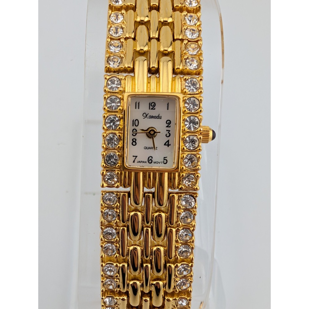 Xanadu Watch Women 17mm Case MOP Dial 6" Gold & Crystal Band- New Battery